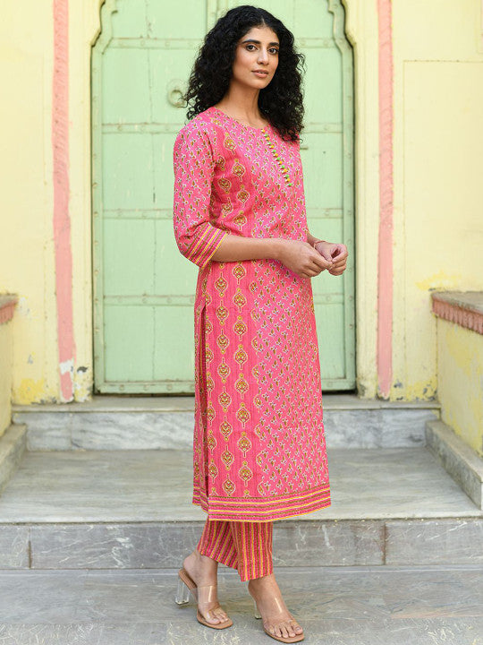 Floral Printed Pure Cotton Straight Kurta With Palazzos & Dupatta