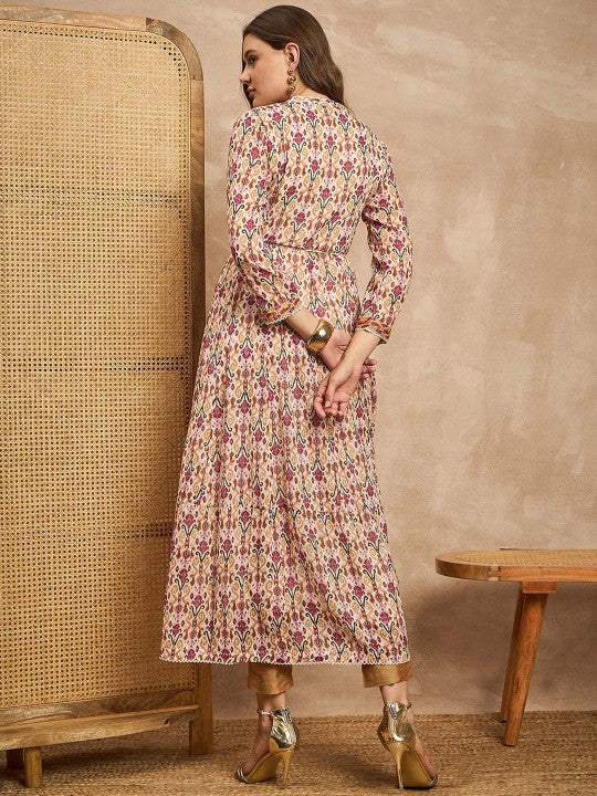 all about you Floral Printed Ethnic Motifs Mandarin Collar Midi Ethnic Dress