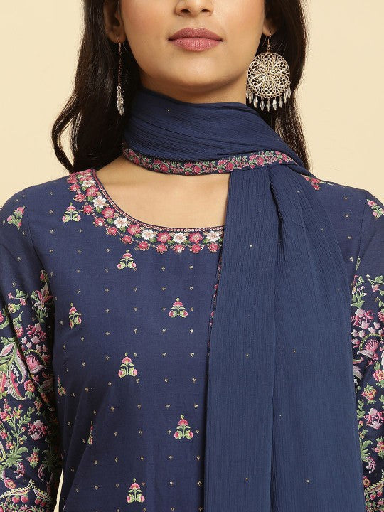 W Floral Printed Thread Work Pure Cotton Straight Kurta with Sharara & With Dupatta