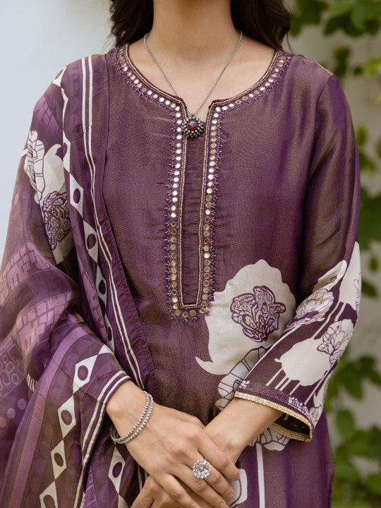 Anouk Purple Floral Printed Mirror Work Tissue Straight Kurta