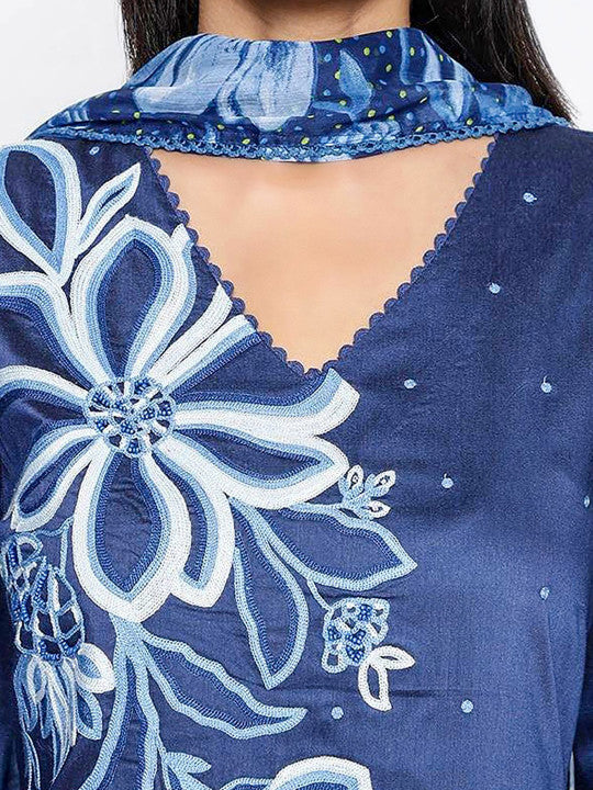 W Floral Printed V-Neck A-line Kurta With Trousers And Dupatta