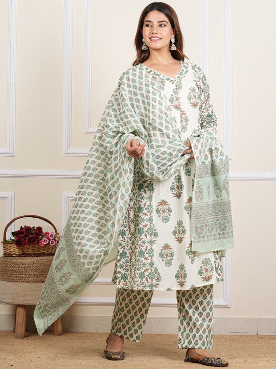 YASH GALLERY Floral Printed Regular Pure Cotton Kurta With Trouser With Dupatta