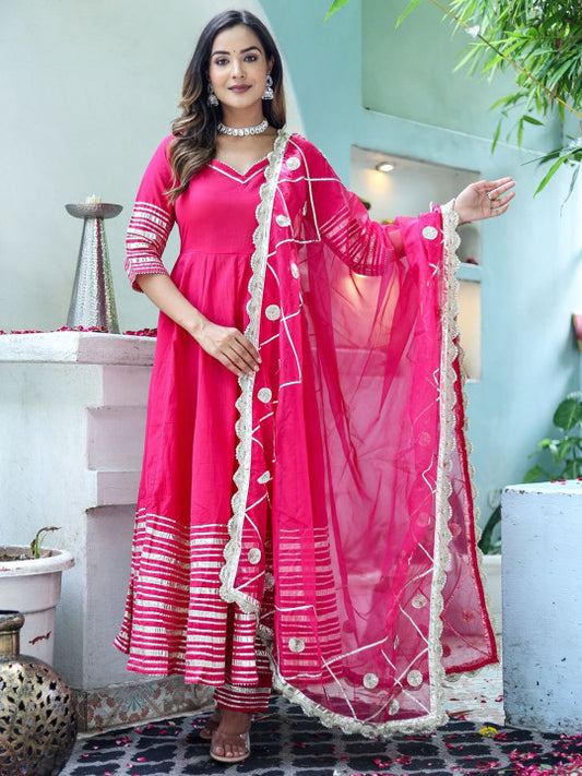 HERE&NOW Women Embroidered Regular Pure Cotton Kurta with Trousers & Dupatta