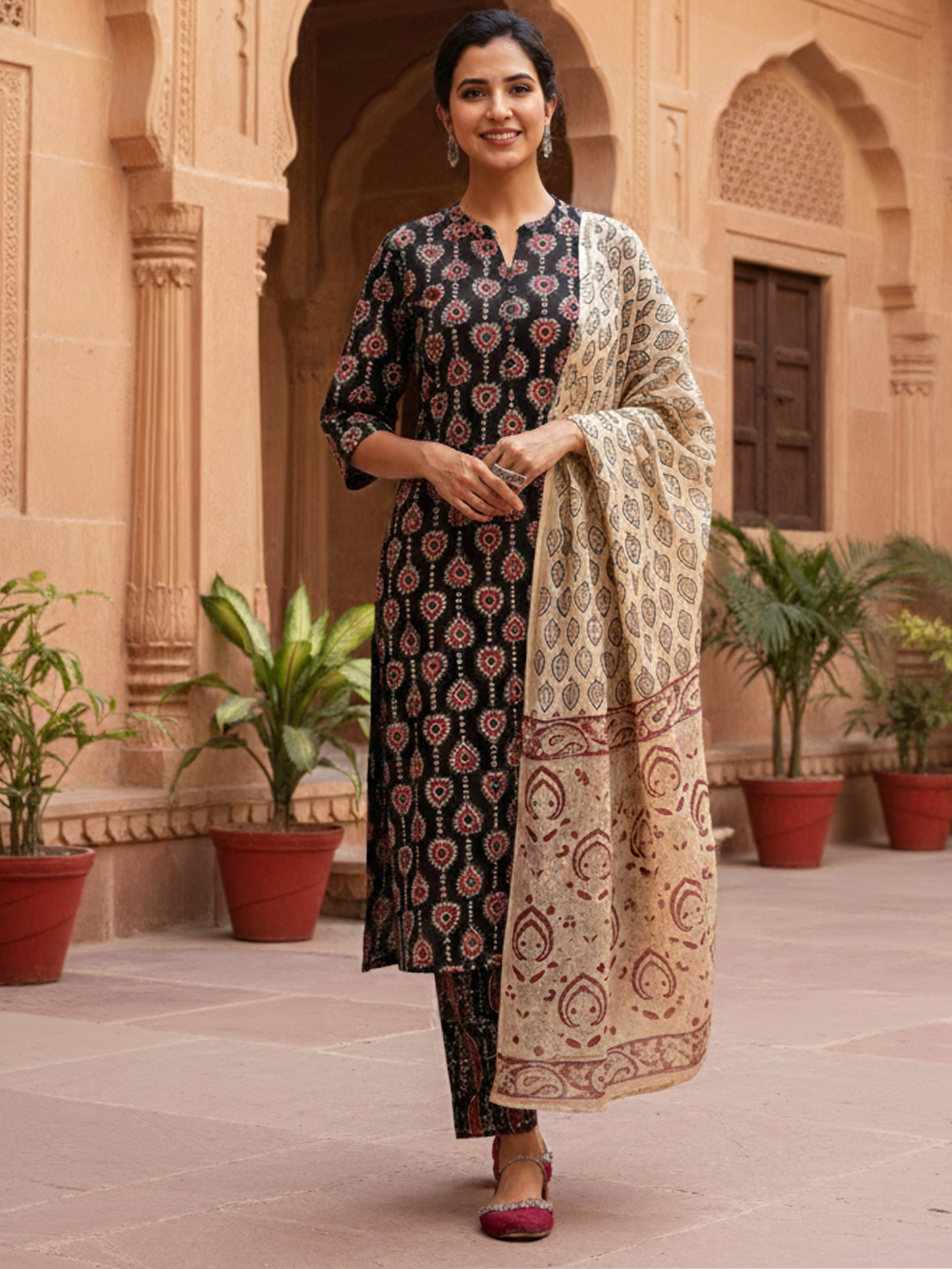 Soft Cotton Geometric Straight Black Kurta