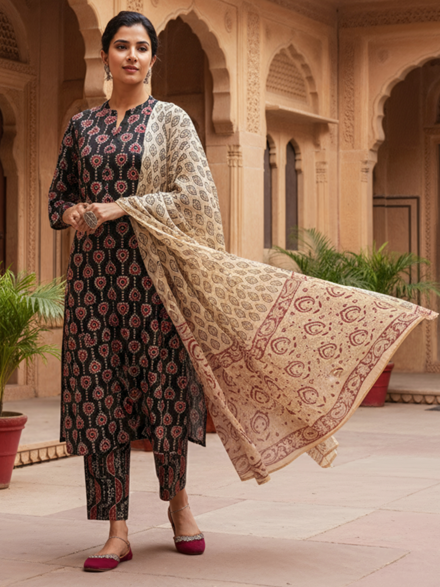 Soft Cotton Geometric Straight Black Kurta