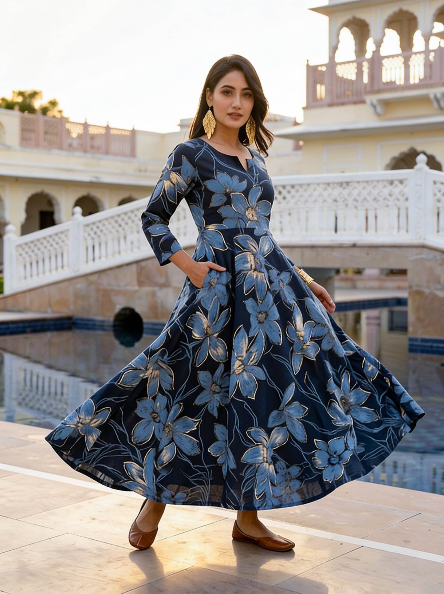 Soft Cotton Floral Anarkali Blue Dress