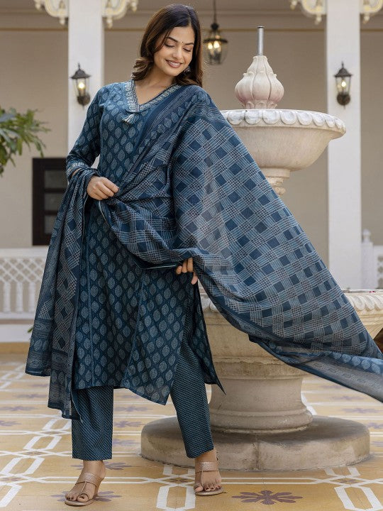 Anouk Floral Printed Thread Work V-Neck Straight Pure Cotton Kurta With Trousers & Dupatta