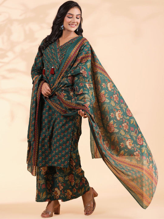 Vbuyz Floral Printed Regular Sequinned Pure Cotton Kurta With Palazzos & Dupatta