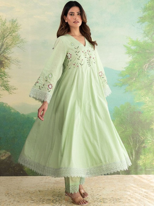 COTTONS DAILY Embroidered Zari Work Pure Cotton Anarkali Kurta With Trousers & Dupatta
