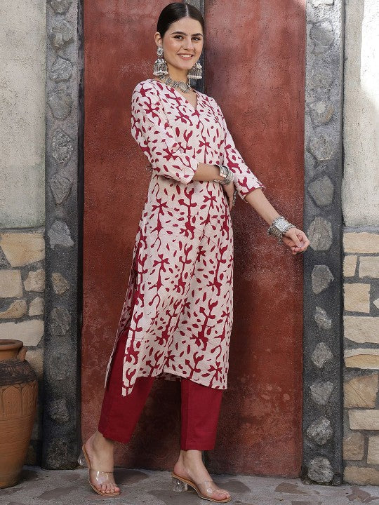 Taavi Floral Bagru Printed V-Neck Straight Kurta & Trouser with Dupatta