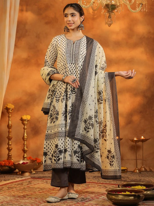 Floral Printed Pure Cotton Kurta With Trousers & Dupatta