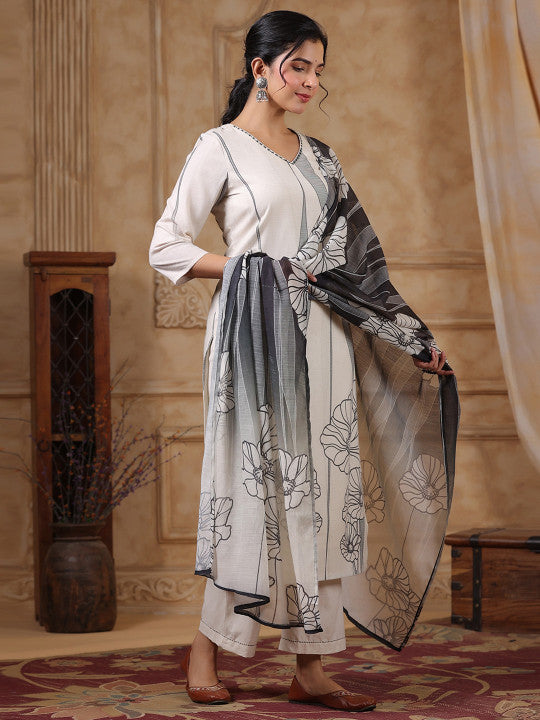 all about you Floral Printed Pure Cotton Straight Kurta with Trousers &  Dupatta
