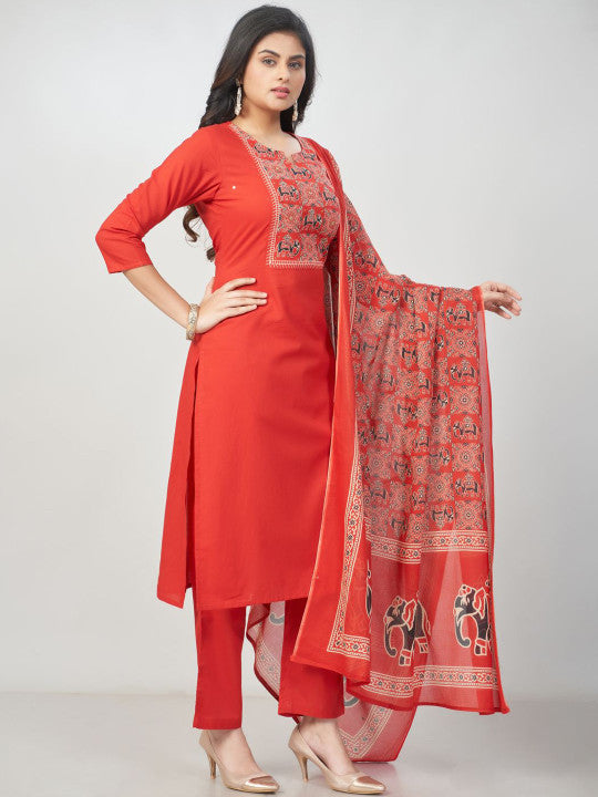 Amchoor Women Ethnic Motifs Printed Pure Cotton Kurta with Trousers & Dupatta