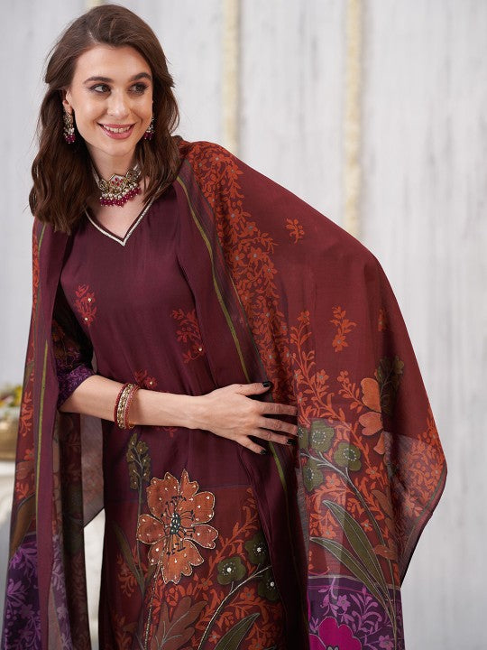 Anouk Floral Printed V-Neck Sequinned Chanderi Silk Kurta