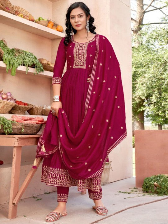 Zari Embroidered Round Neck A-Line Kurta