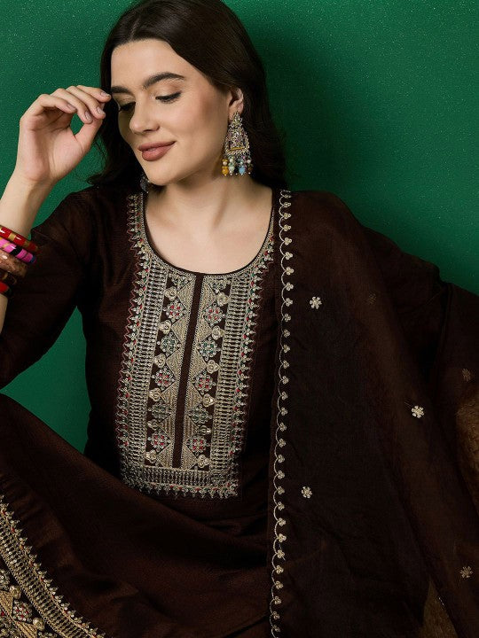 Floral Yoke Design Straight Sequinned Kurta