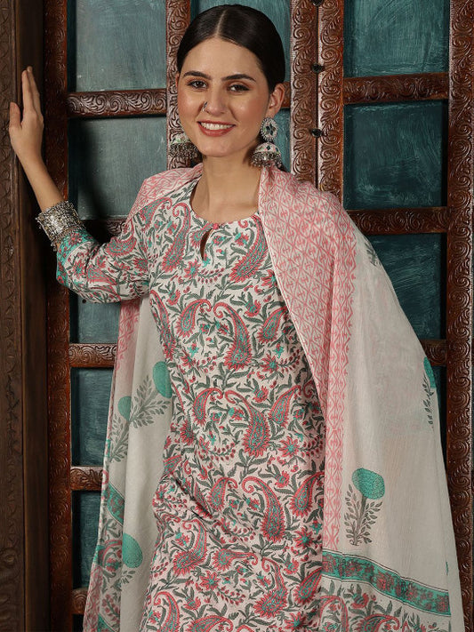 Taavi Floral Hand Block Printed Pure Cotton Straight Kurta With Trousers & Dupatta