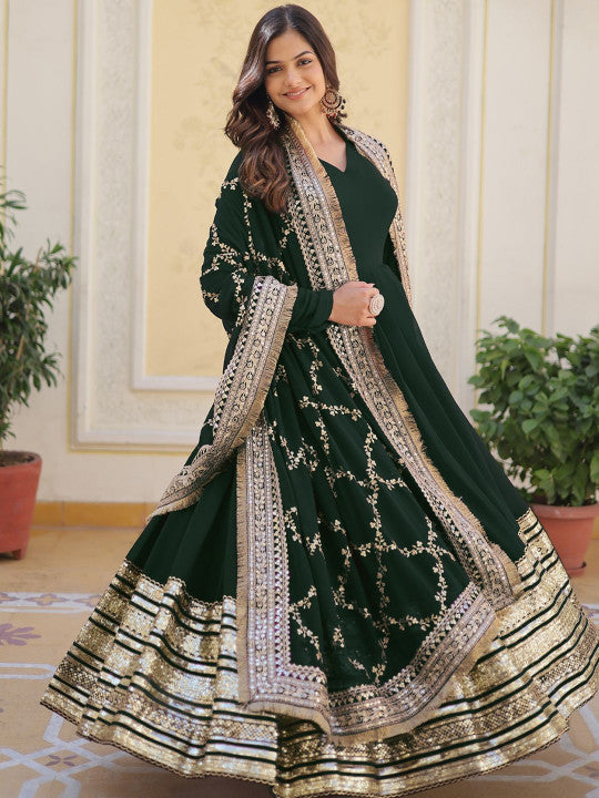 Fusionic Women Green Georgette Sequin Embroidered Gown