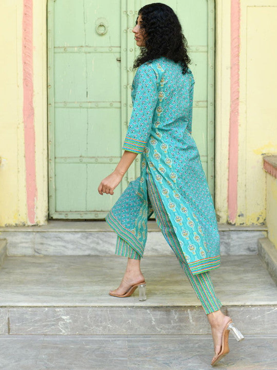 Floral Printed Pure Cotton Straight Kurta With Trousers & Dupatta