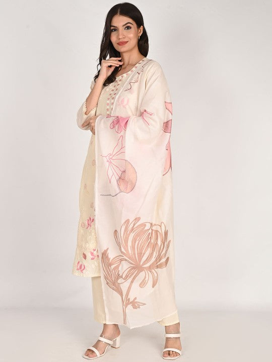 Girly Girls Floral Embroidered Straight Pure Cotton Kurta with Trousers & Dupatta