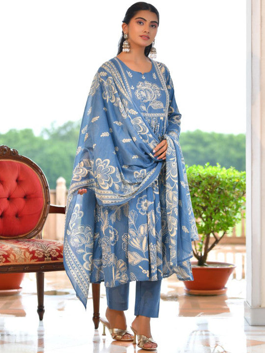 VAASVA JAIPUR Women Floral Printed Anarkali Kurta with Trousers & Dupatta