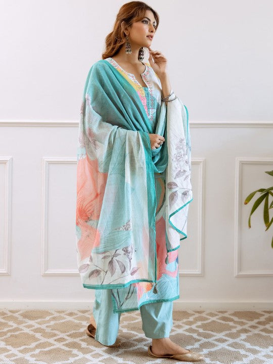 FILO HEVIS Floral Printed Notched Neck Pure Cotton Straight Kurta With Palazzos & Dupatta