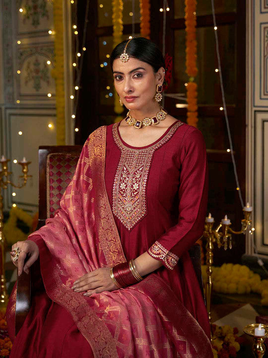 Floral Yoke Design Pleated Sequinned A-Line Kurta with Trousers & Dupatta