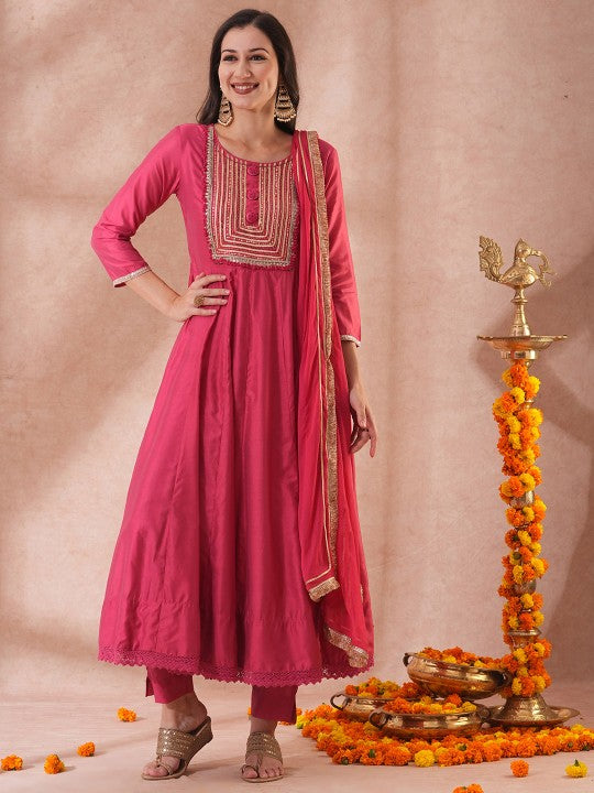 FASHOR Floral Yoke Design Mirror Work Anarkali Kurta