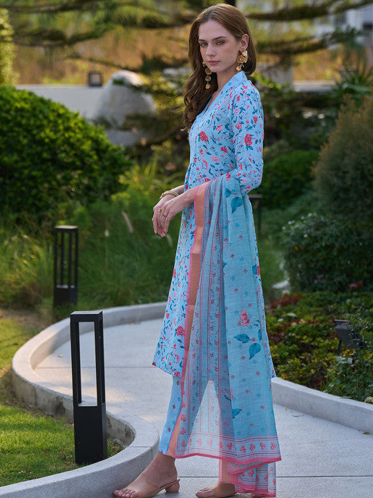 THE52 Floral Printed V-Neck Pure Cotton Straight Kurta With Trousers & Dupatta