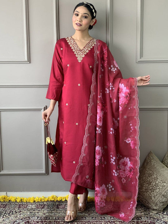 ASCIIBLUES Women Ethnic Motifs Embroidered Regular Thread Work Kurta with Trousers & With Dupatta