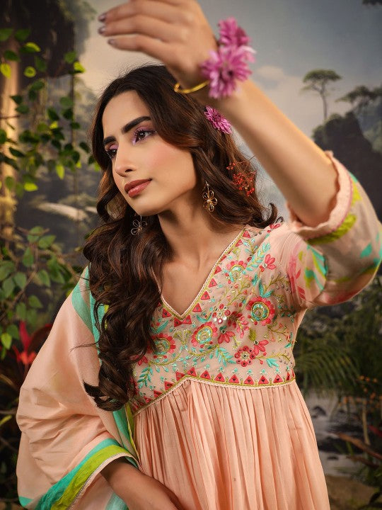 AARAAS Women Floral Embroidered Pure Cotton Anarkali Kurta with Pyjama & Dupatta