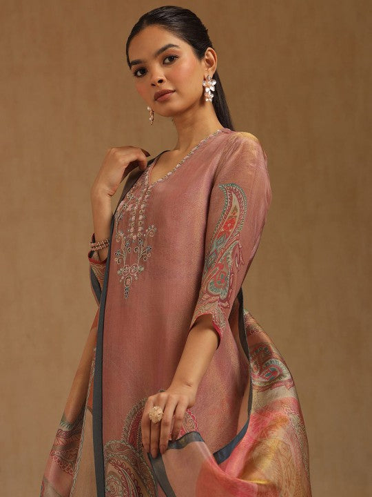 Floral Printed V-Neck Beads And Stones Straight Kurta With Trousers And Dupatta
