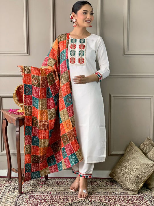 JAPNAAM Embroidered Round Neck Kurta With Trousers & Dupatta