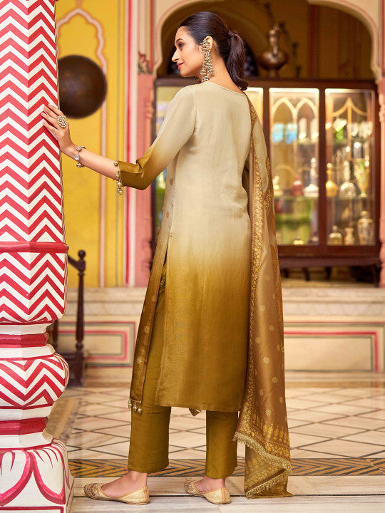House of Pataudi Women Ethnic Motifs Woven Mirror Work Ombre Kurta with Trousers & Dupatta