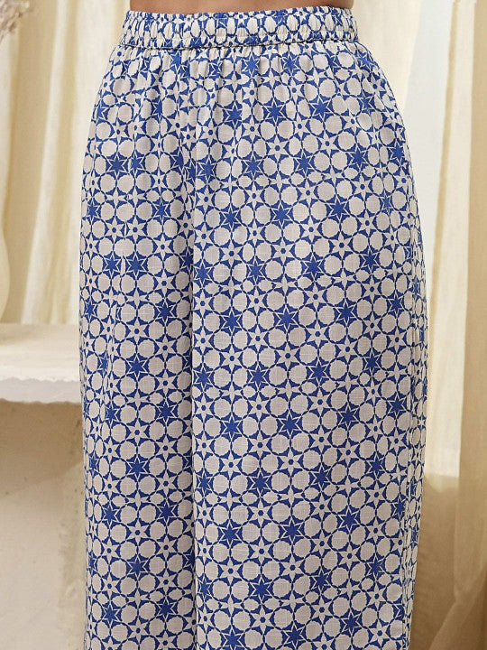 Biba Floral Printed Round Neck Pure Cotton Straight Kurta With Palazzos And Dupatta