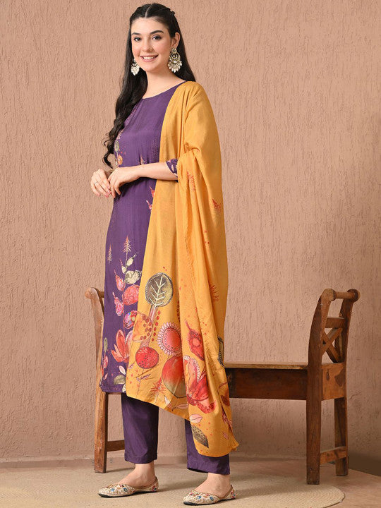 HARIKS Women Floral Printed Regular Pure Silk Kurti with Trousers & With Dupatta