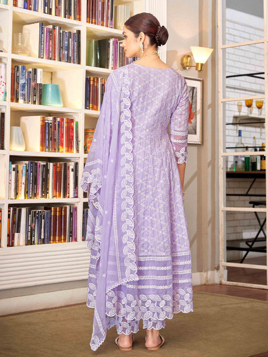 House of Pataudi Women Embroidered Pure Cotton Anarkali Kurta with Trouser & Dupatta
