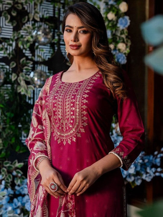 AUTUMN LANE Ethnic Motifs Embroidered Sequinned Pure Cotton Kurta with Trousers & Dupatta