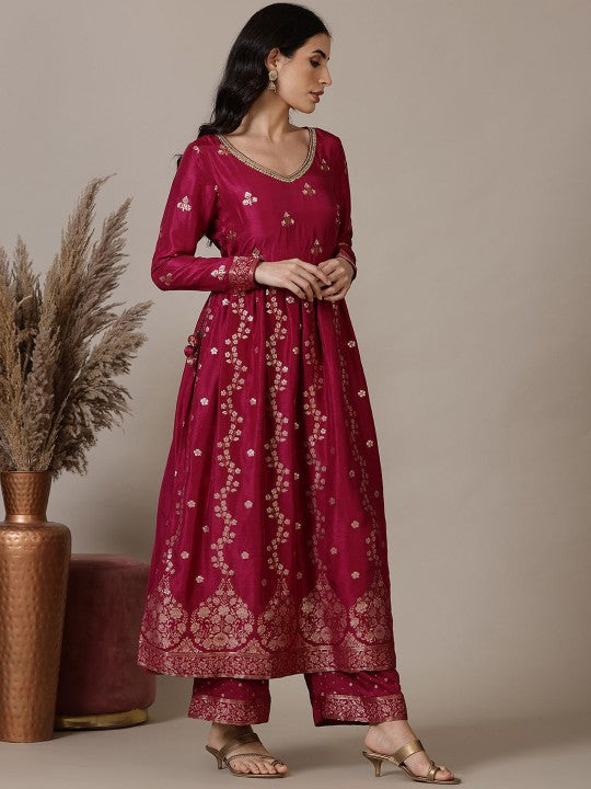 AURELIA Floral Self Design Beads and Stones A-Line Kurta with Palazzo & Dupatta