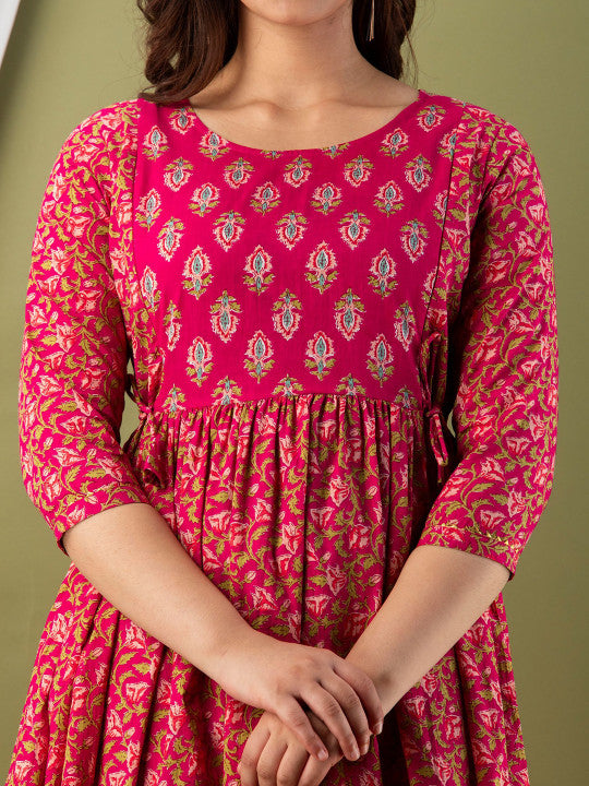 KURTI Ethnic Motifs Printed Round Neck Cotton Maternity Midi Ethnic Dresses