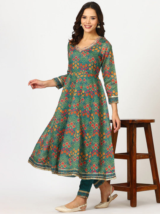 W Teal Blue Floral Printed Three-Quarter Sleeves Sequinned Kurta & Trouser & Dupatta