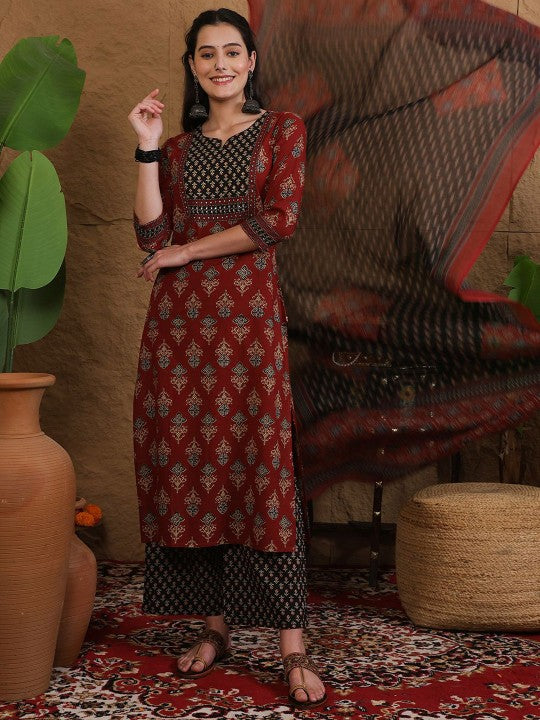 Printed Pure Cotton Round Neck Straight Kurta & Palazzo With Dupatta