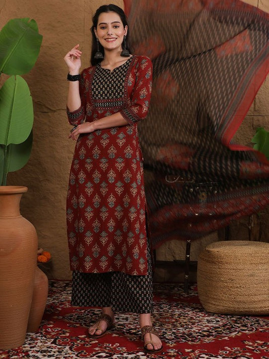 Printed Pure Cotton Round Neck Straight Kurta & Palazzo With Dupatta