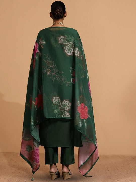 House of Pataudi Embroidered Thread Work Pure Cotton Kurta & Trousers With Dupatta