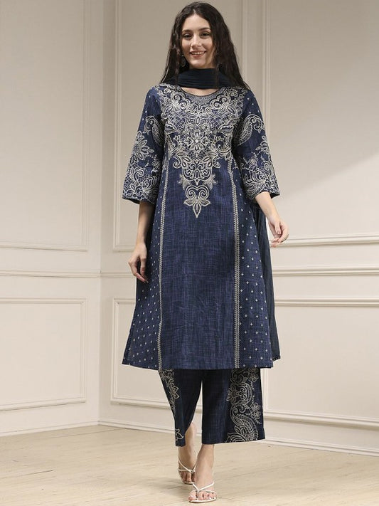 Biba Women Ethnic Motifs Embroidered Cotton Kurta with Trouser & Dupatta