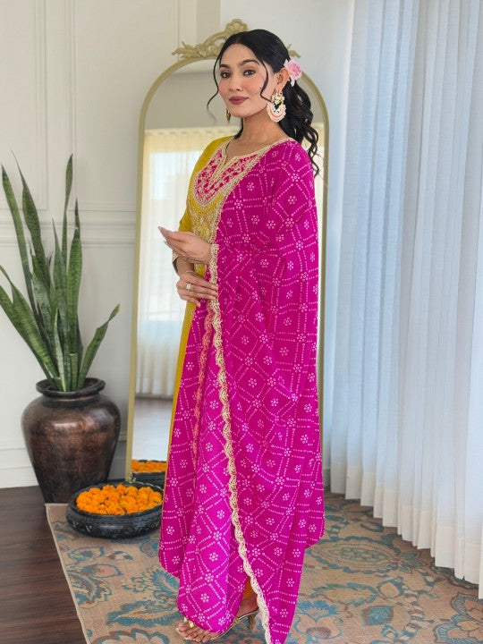 Floral Embroidered Notch Neck Kurta With Trousers & Dupatta