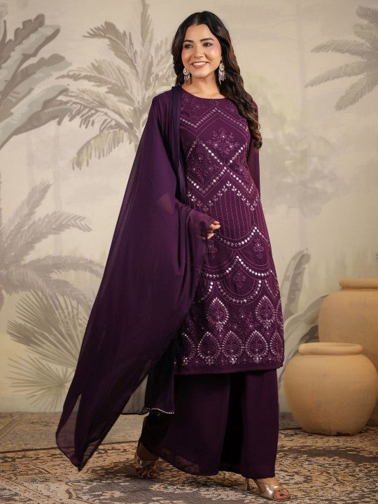 Janasya Ethnic Motifs Embroidered Mirror Work Georgette Kurta