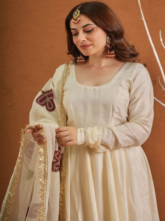Panelled Pure Silk Anarkali Kurta With Palazzos & Dupatta