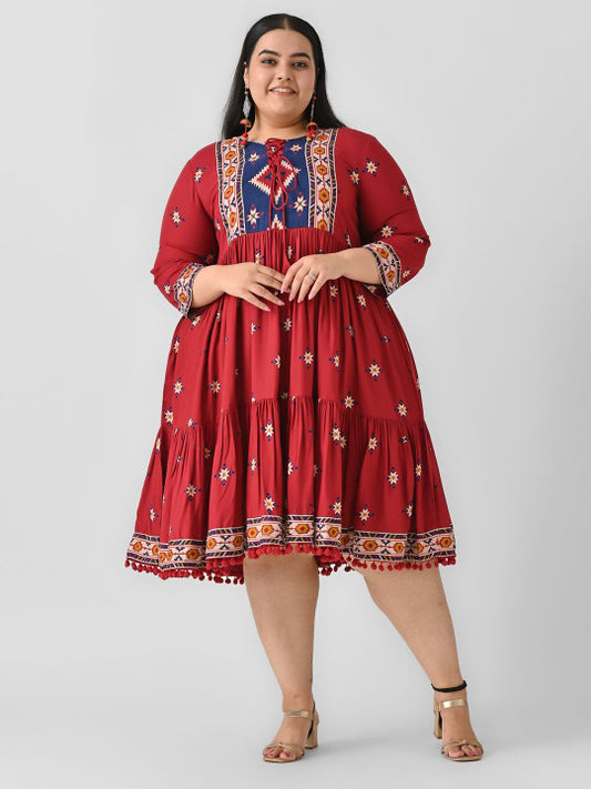 Plus Size Ethnic Motifs Fit & Flare Midi Ethnic Dress