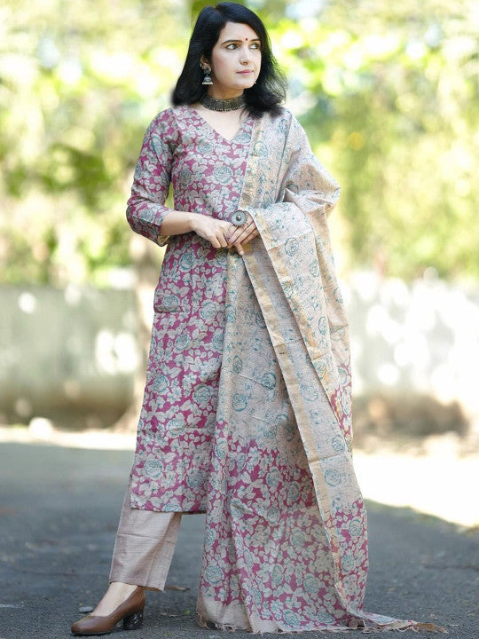 GoSriKi Floral Printed V Neck Straight Kurta With Trousers & Dupatta